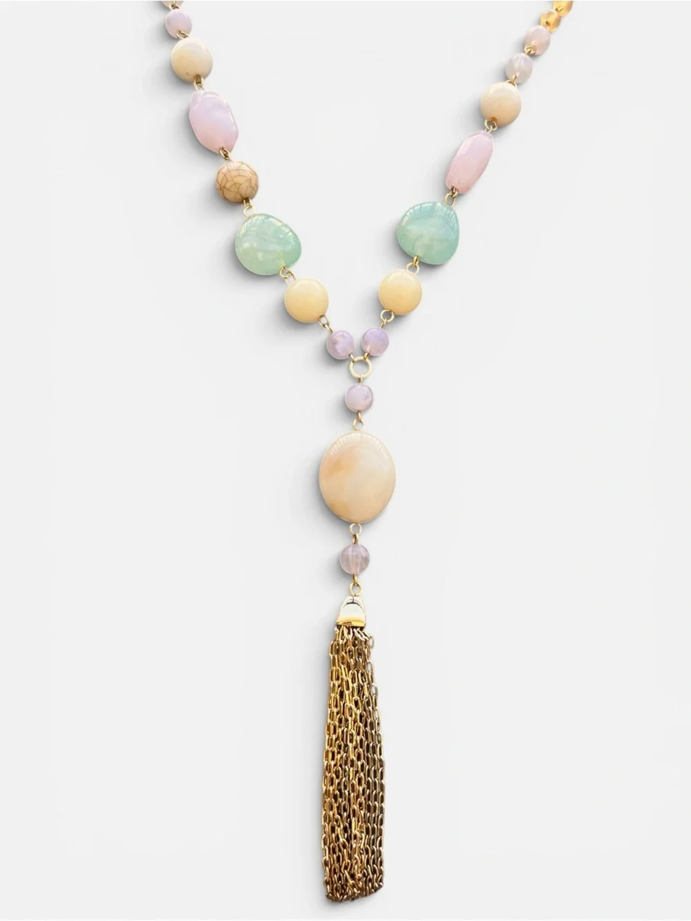Long Gold Tassel Drop Necklace with Pink, Mint & Cream Beads